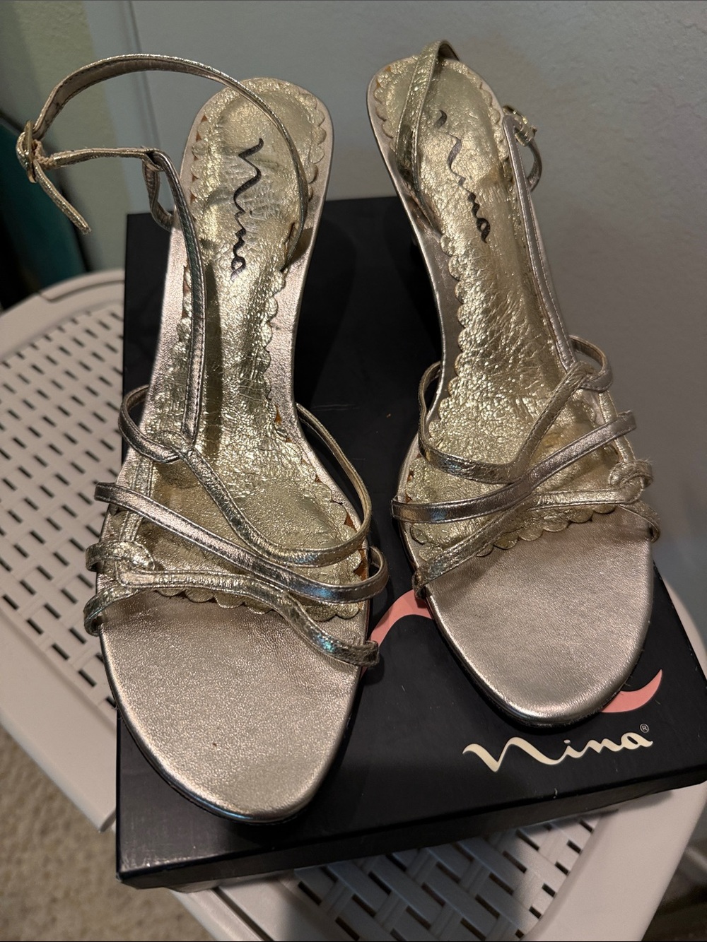 Nina Metallic Platinum Strappy Evening Sandals